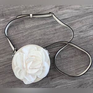 STAUD Cream Leather Clutch/Crossbody with Chiffon Floral Detailing